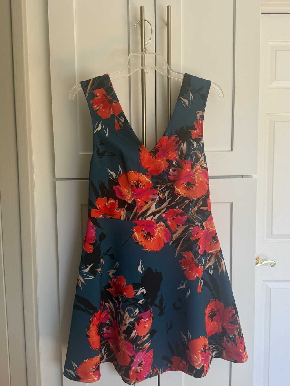 Floral V-Neck Fit & Flare Dress in Teal with Orange Bloom